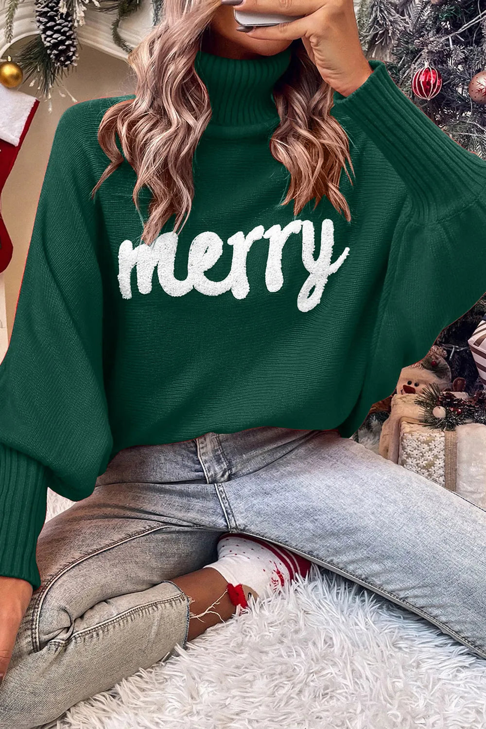 Trendsi Double Take full size Christmas turtleneck sweater with long sleeves featuring festive "Merry Christmas" design in red and green.