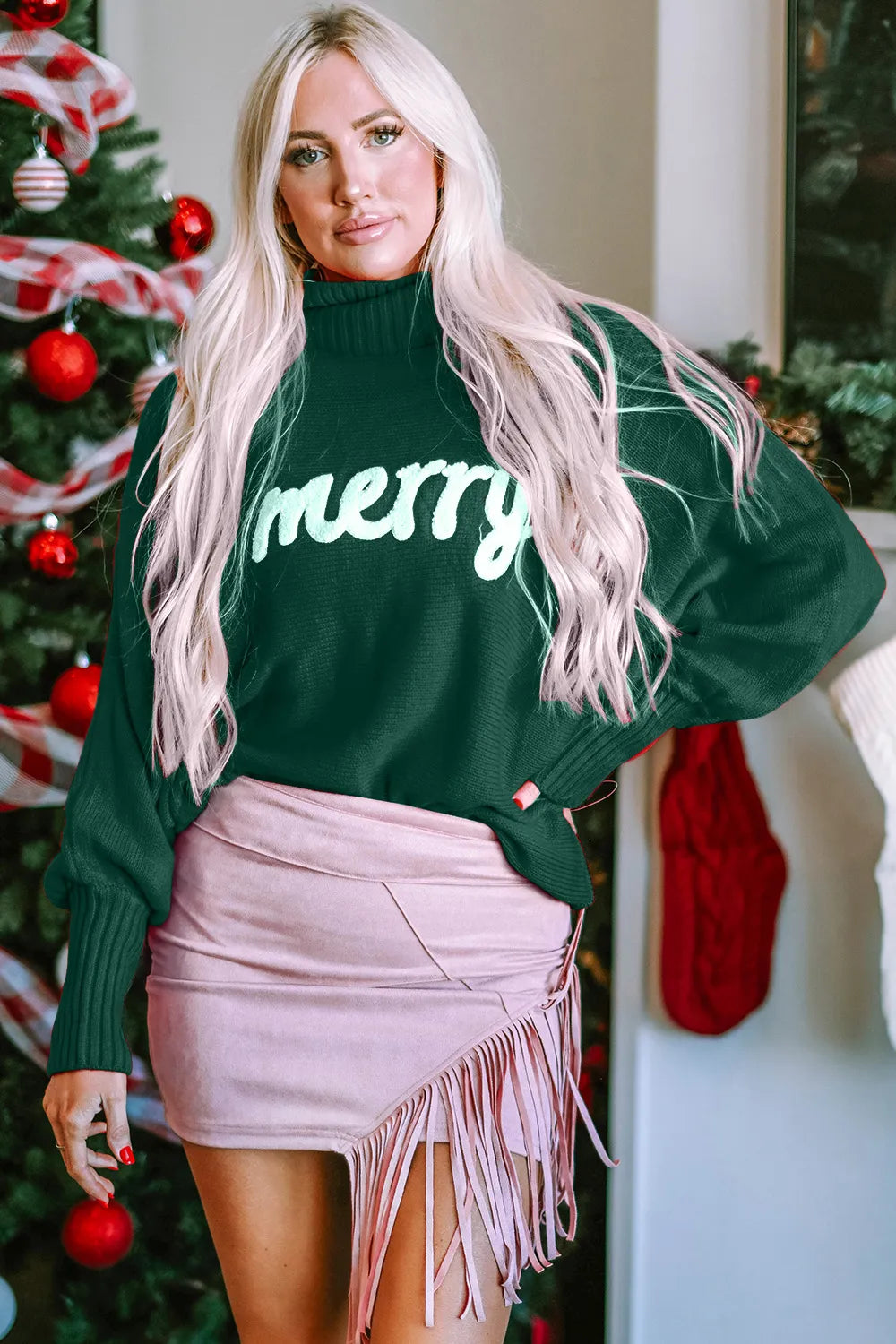 Trendsi Double Take Merry Christmas turtleneck sweater with long sleeves, festive holiday design, and cozy knit fabric.