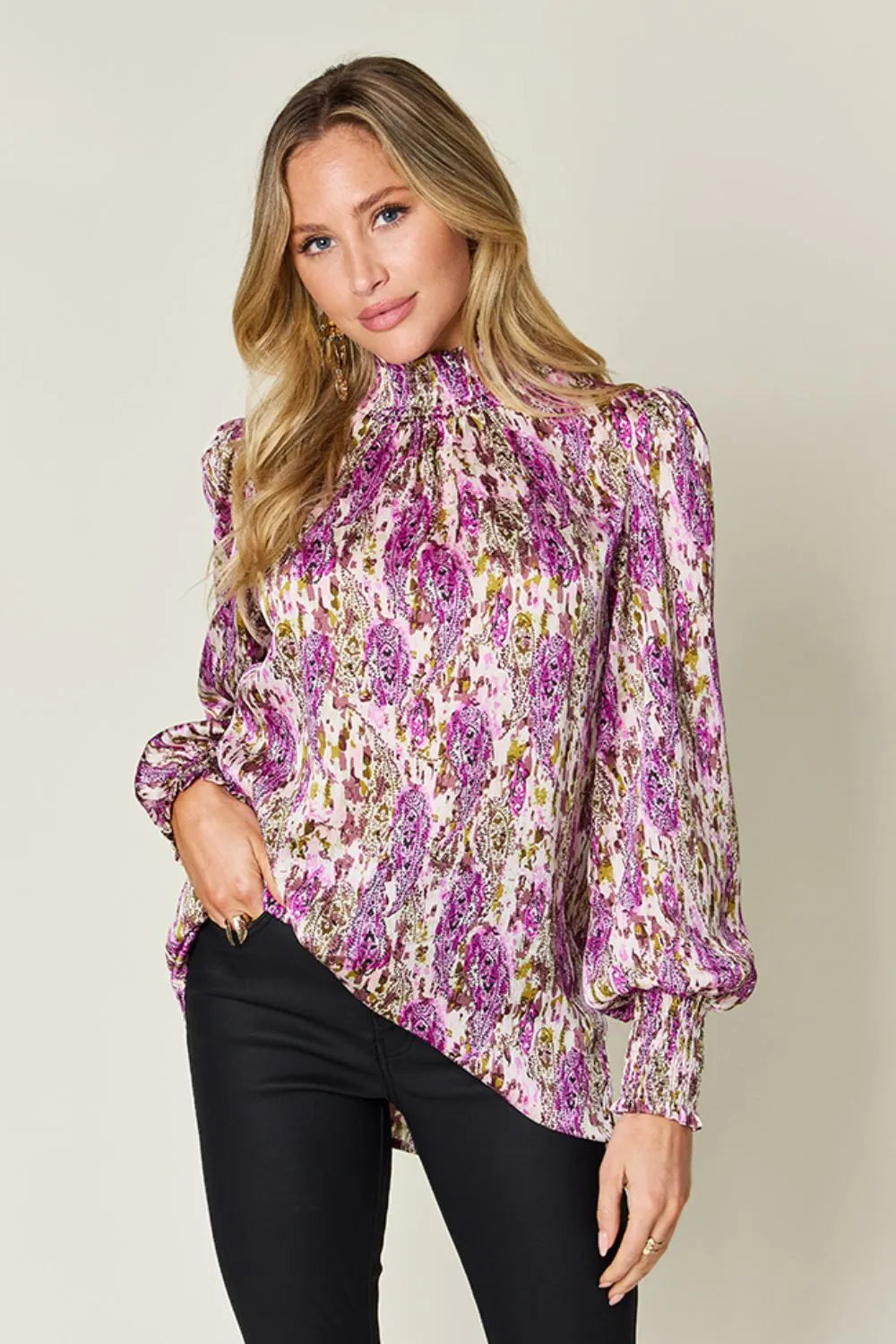 Printed smocked long sleeve blouse from Trendsi featuring a double take full size design with colorful patterns.