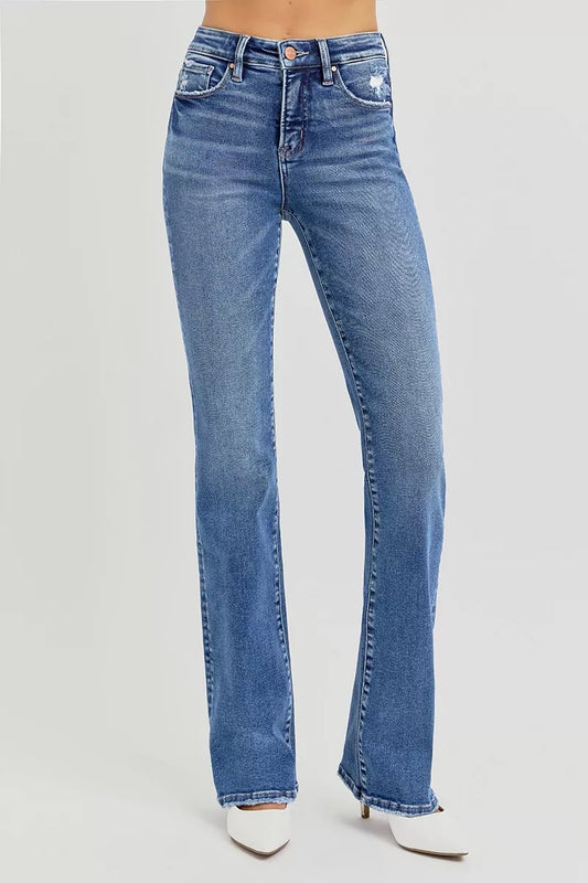 Plus size RISEN high rise straight jeans with tummy control, featuring a full size fit and classic denim style.