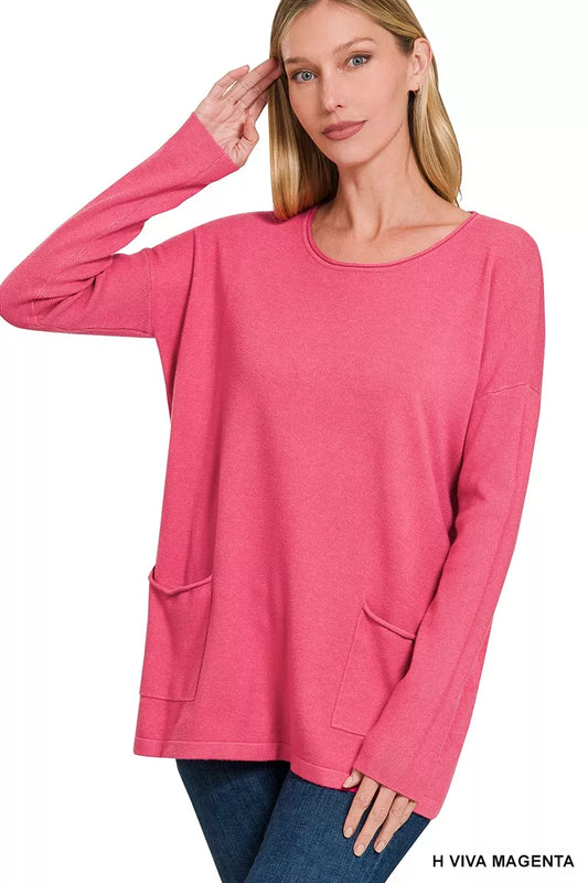 Viscose long sleeve sweater with front pockets by Zenana, featuring a cozy, casual design in neutral tones.