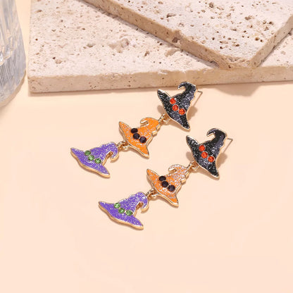 Halloween witch hat drop earrings featuring black pointed witch hats with gold accents, stylish jewelry by Trendsi.