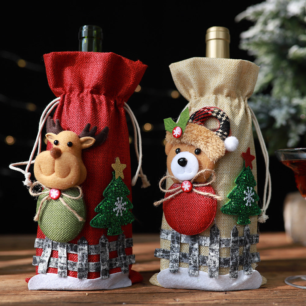 Assorted 2-piece Christmas doll wine bottle covers featuring festive holiday designs and bright colors.