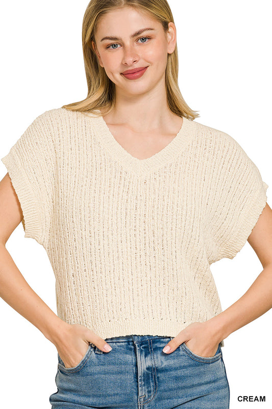 Textured knit V-neck cropped sweater by Trendsi, featuring a stylish design and cozy fit, shown in a natural light.