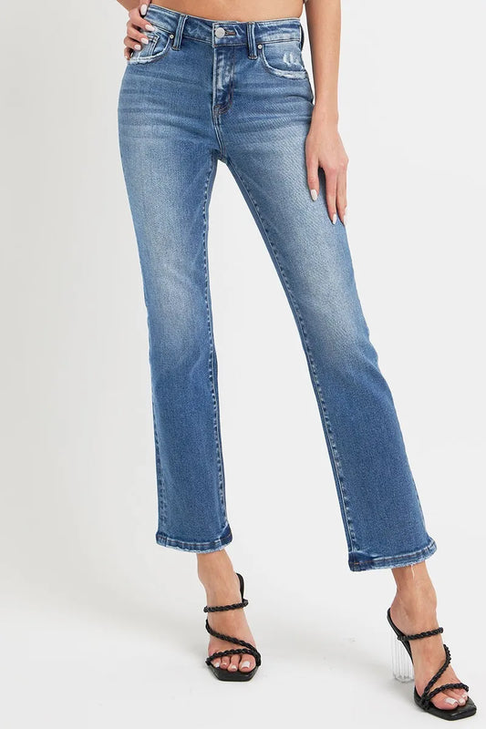Trendsi RISEN full size mid-rise ankle straight jeans with pockets, denim fabric, and classic five-pocket design.