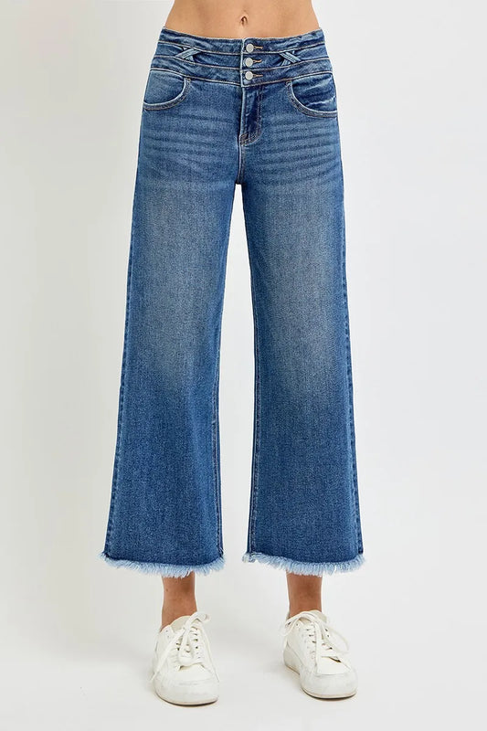 Risen high rise crop wide leg jeans with wide band detail, showcasing denim fabric and stylish relaxed fit.