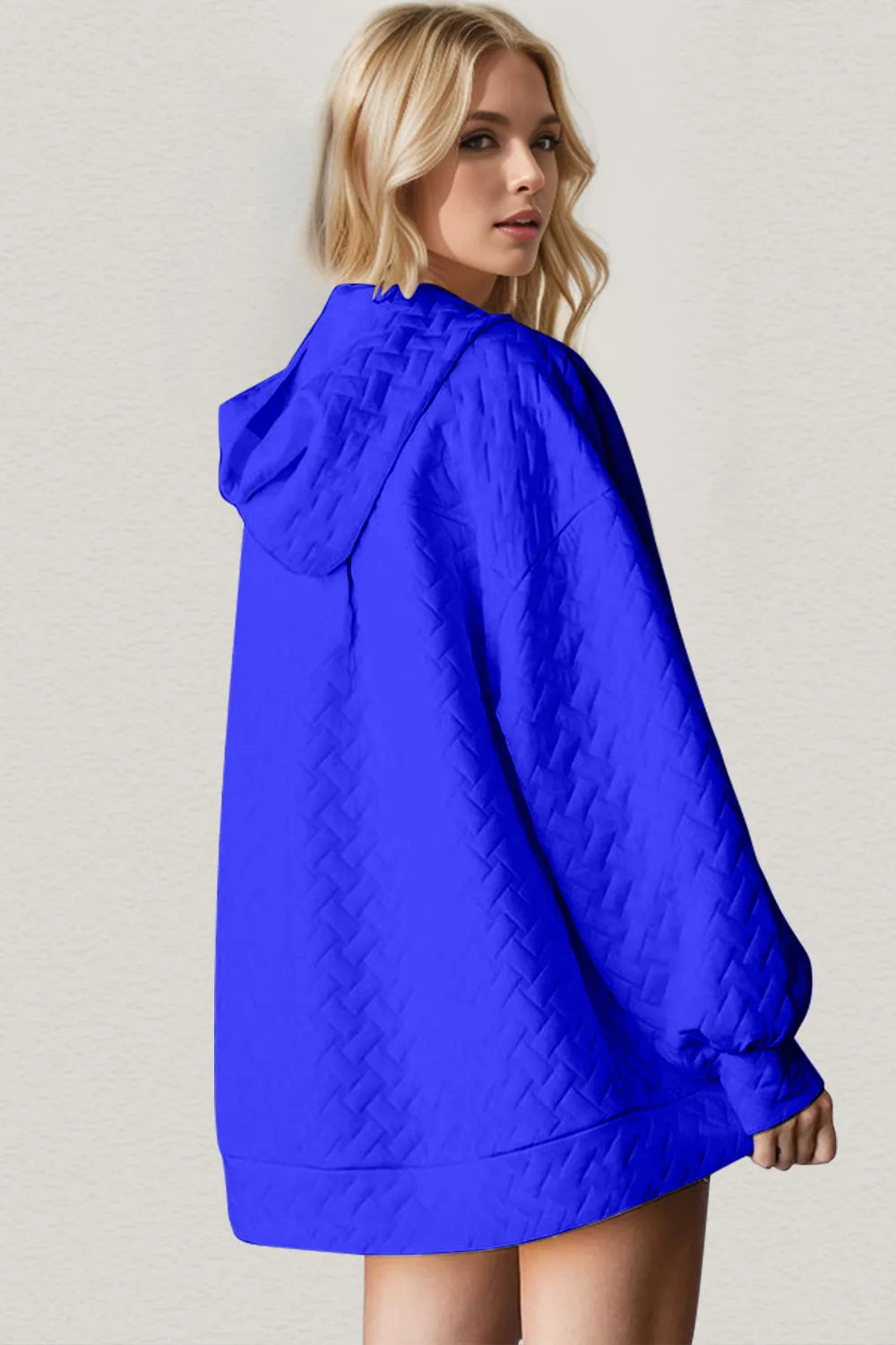 Long sleeve hoodie from Trendsi with textured drop shoulder design, full size, casual style, and comfortable fit.