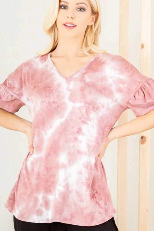 Heimish full size tie dye top with ruffled sleeves, plus size casual blouse featuring vibrant patterns and relaxed fit.