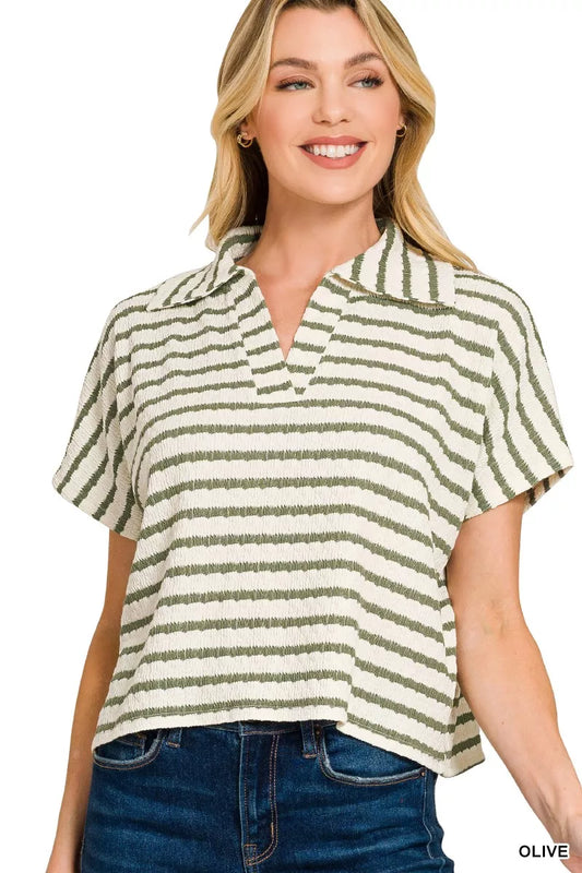 Zenana striped split neck collared top featuring a relaxed fit and long sleeves, perfect for casual or office wear.