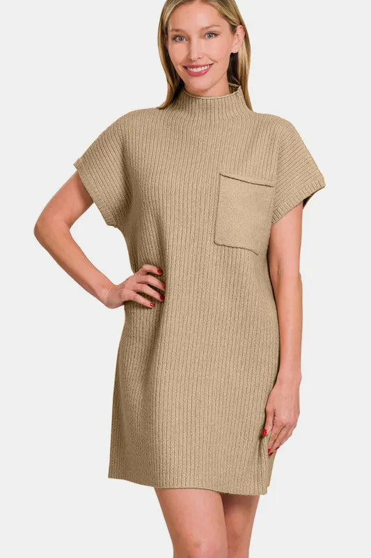 Zenana short sleeve sweater mini dress, black knit with crew neckline and fitted silhouette, stylish casual fall outfit.