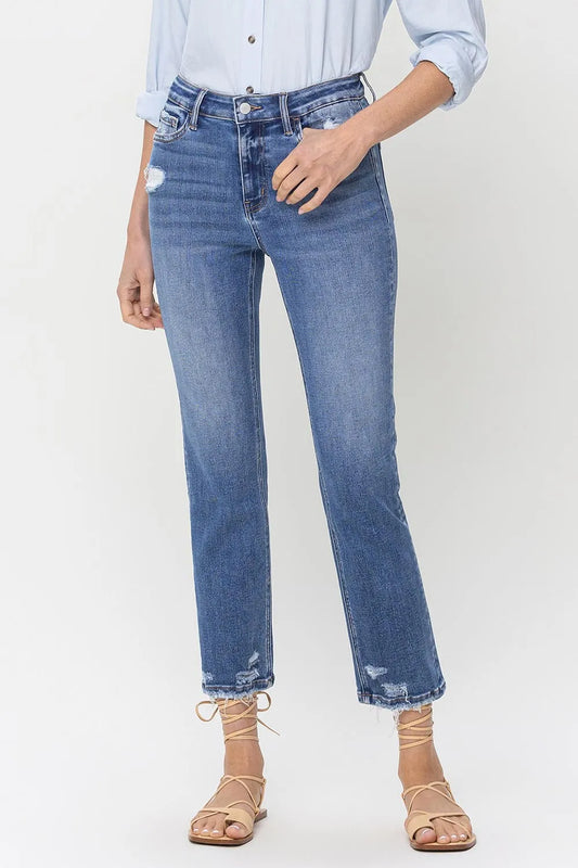 Lovervet high rise raw hem straight jeans in denim, featuring a classic fit and distressed hem detail.