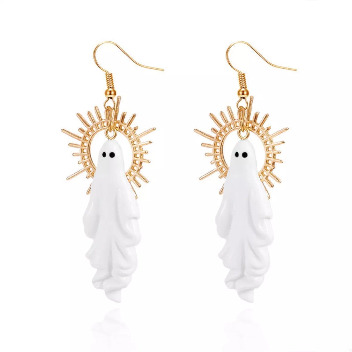 Halloween Sunburst Ghost Drop Earrings with spooky sunburst design and ghost charms, stylish earrings from Trendsi.
