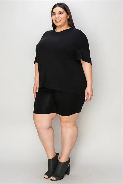 Trendsi Basic Bae bamboo full-size V-neck drop shoulder T-shirt and shorts set, showcasing the comfortable, casual loungewear.