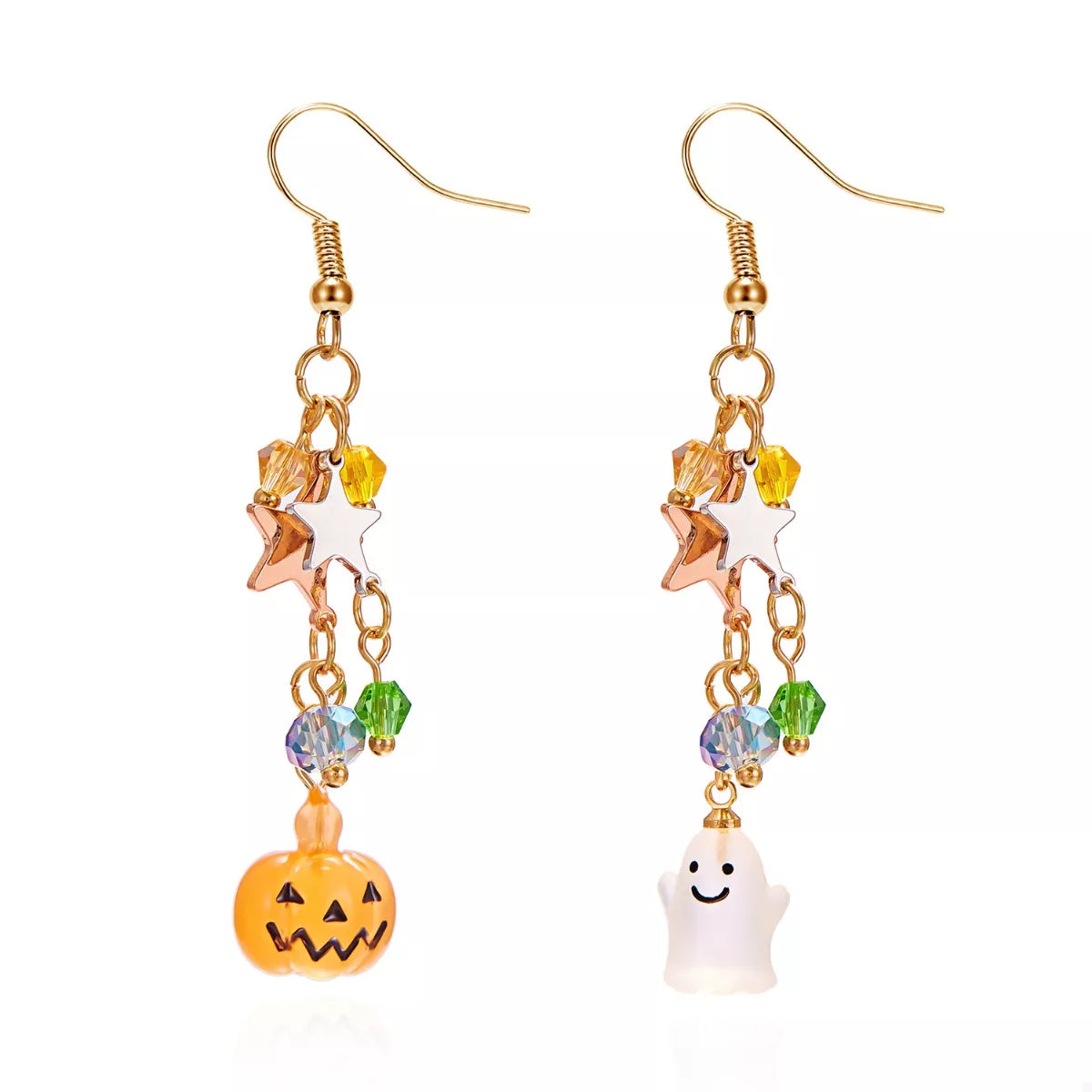 Halloween asymmetrical pumpkin ghost earrings with orange pumpkins and white ghost charms, stylish Trendsi jewelry.