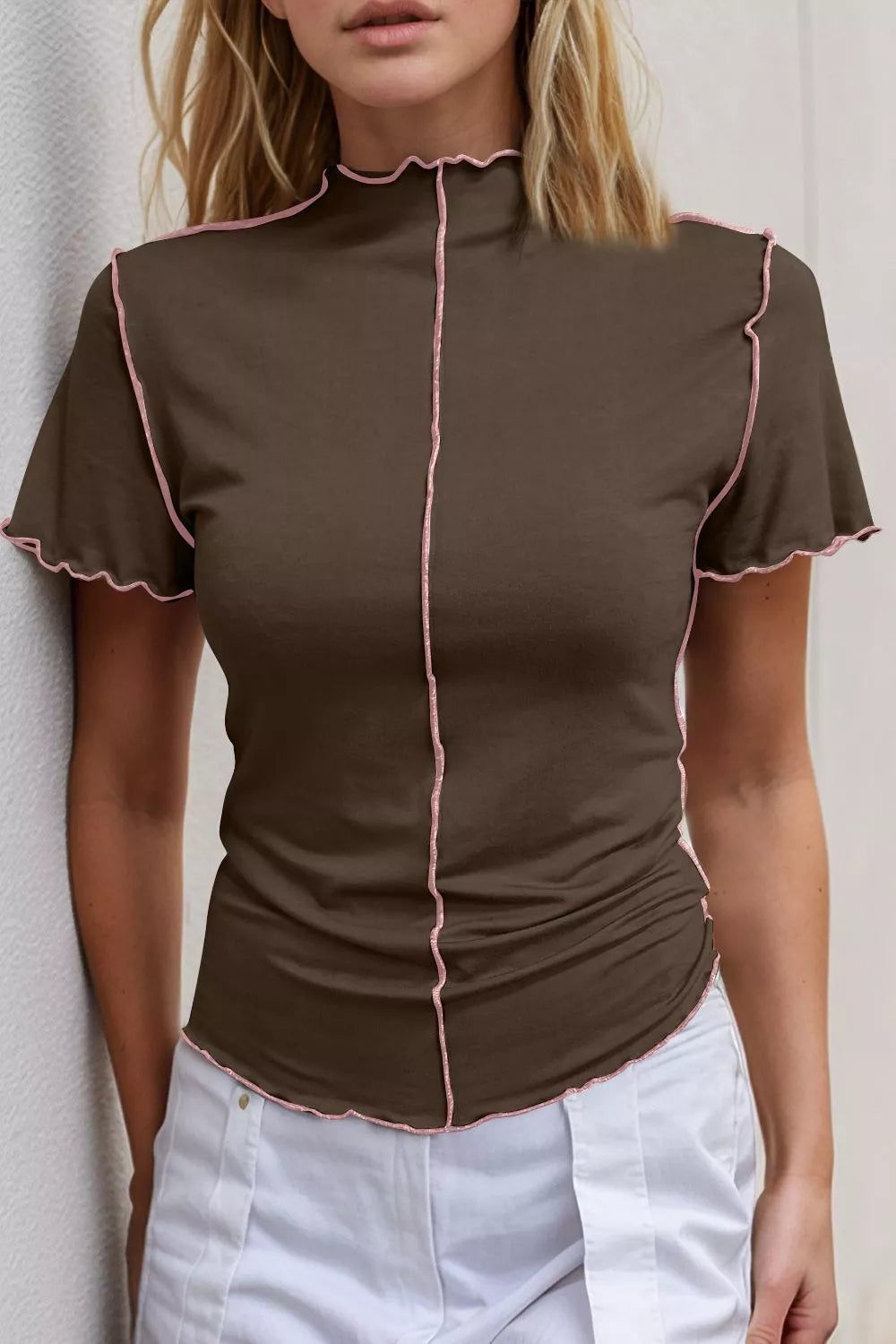 Trendsi Basic Bae mock neck casual top with wave edge contrast stitching, ruffle short sleeves, slim fit, lightweight fabric.