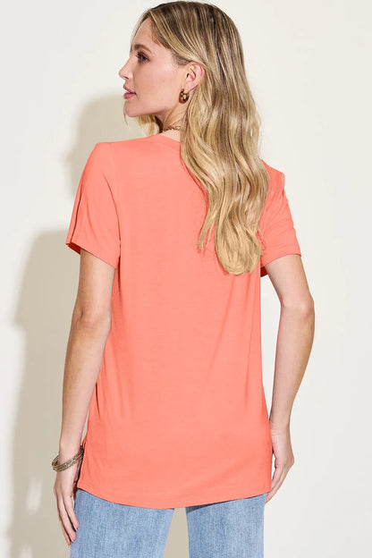 Basic Bae bamboo V-neck high-low T-shirt by Trendsi, in full size, displayed with front view and soft fabric texture.