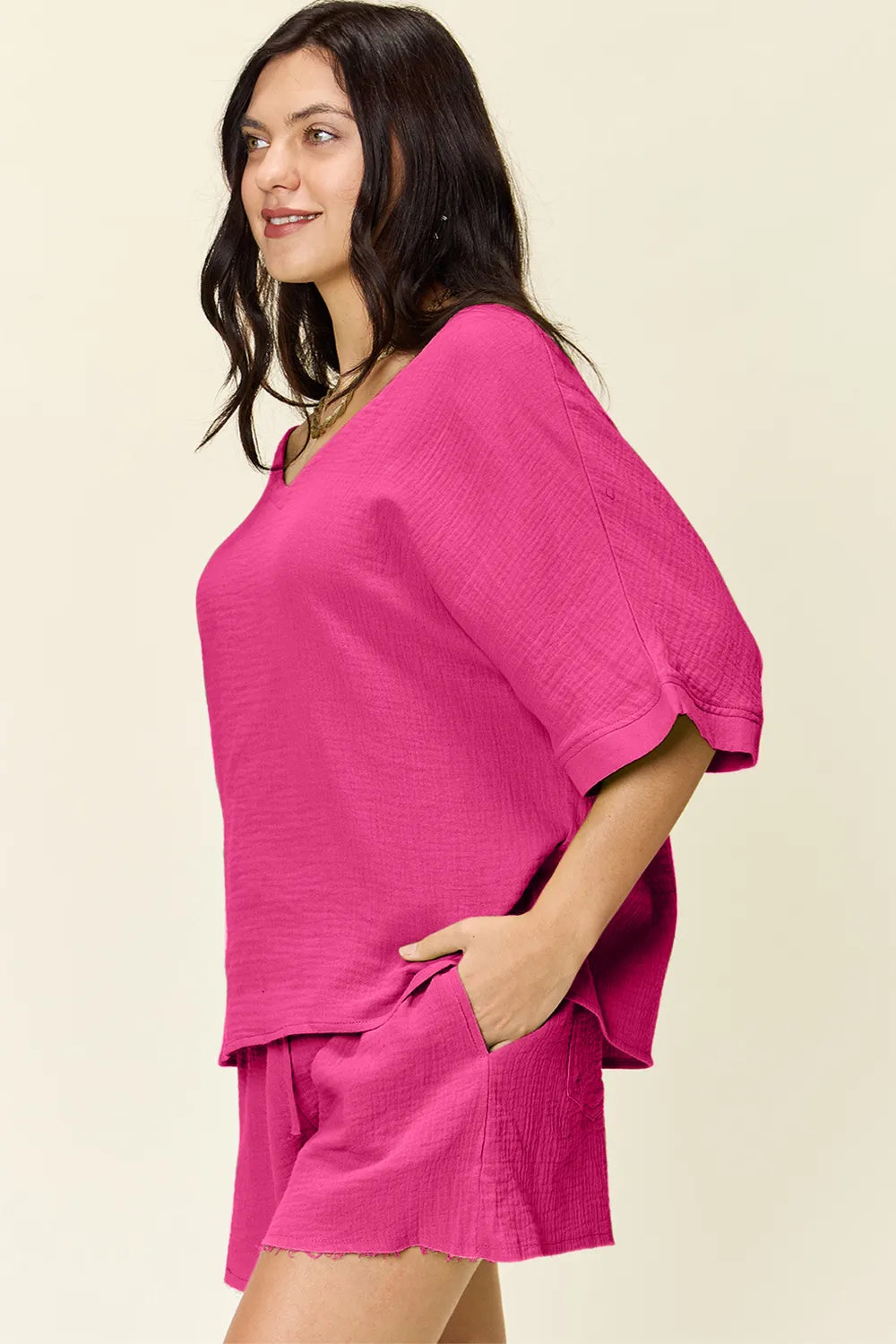 Trendsi Double Take Texture half sleeve T-shirt and drawstring shorts set, featuring a stylish casual outfit with textured fabric.