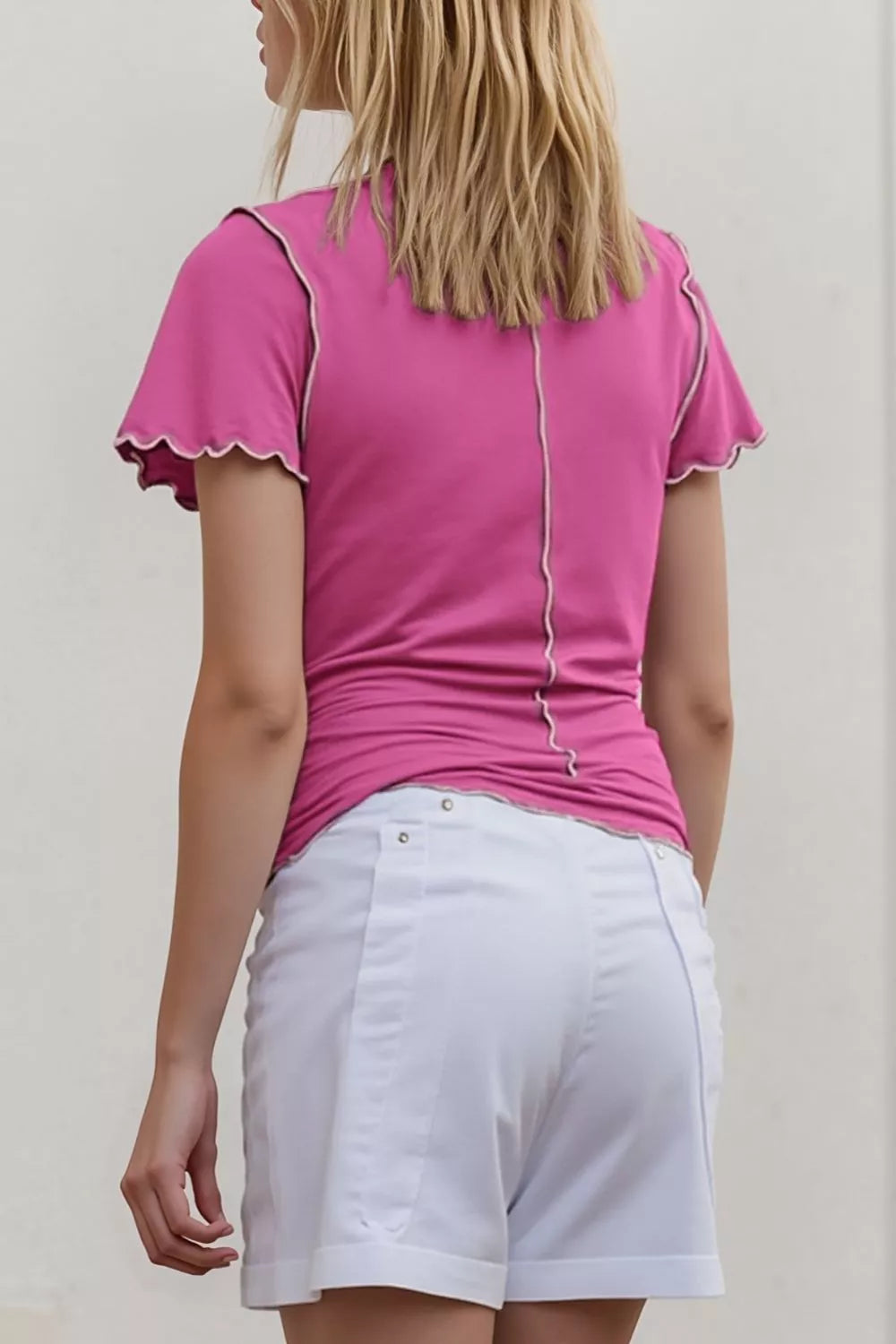 Trendsi Basic Bae mock neck casual top with wave edge, contrast stitching, ruffle sleeves, slim fit, short sleeve, versatile style