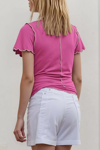 Trendsi Basic Bae mock neck casual top with wave edge, contrast stitching, ruffle sleeves, slim fit, short sleeve, versatile style