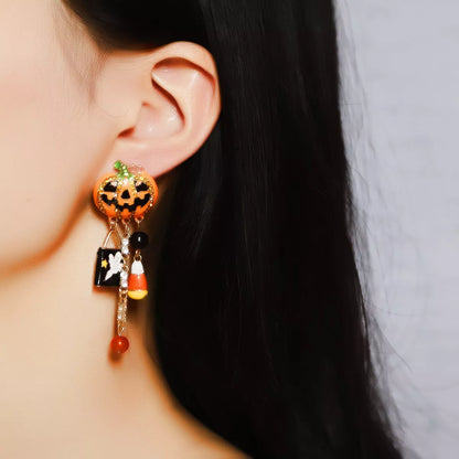 Halloween pumpkin ghost dangle earrings featuring spooky pumpkin and ghost charms, perfect for Halloween accessories.