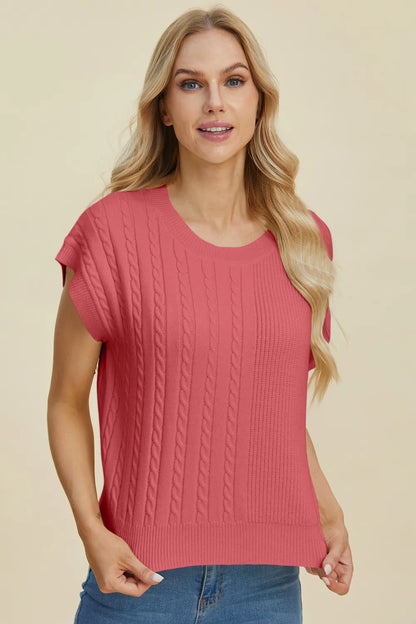 Plus size cable-knit round neck short sleeve sweater by Trendsi, featuring a cozy full-size cable-knit design in a classic style.