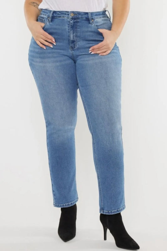 Kancan high waist jeans with cat's whiskers design, showcasing a full-length view of trendy denim with a fitted silhouette.