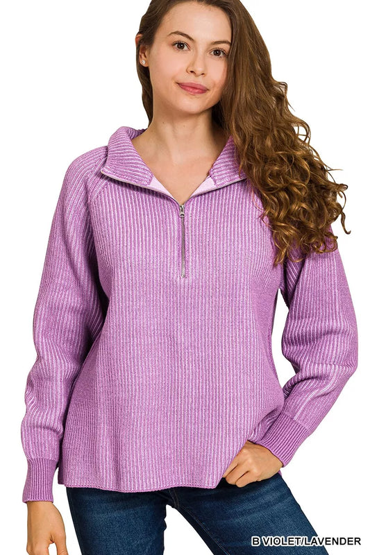 Zenana ribbed two-tone half zip sweater in neutral tones, showcasing its textured fabric and stylish collar detail.
