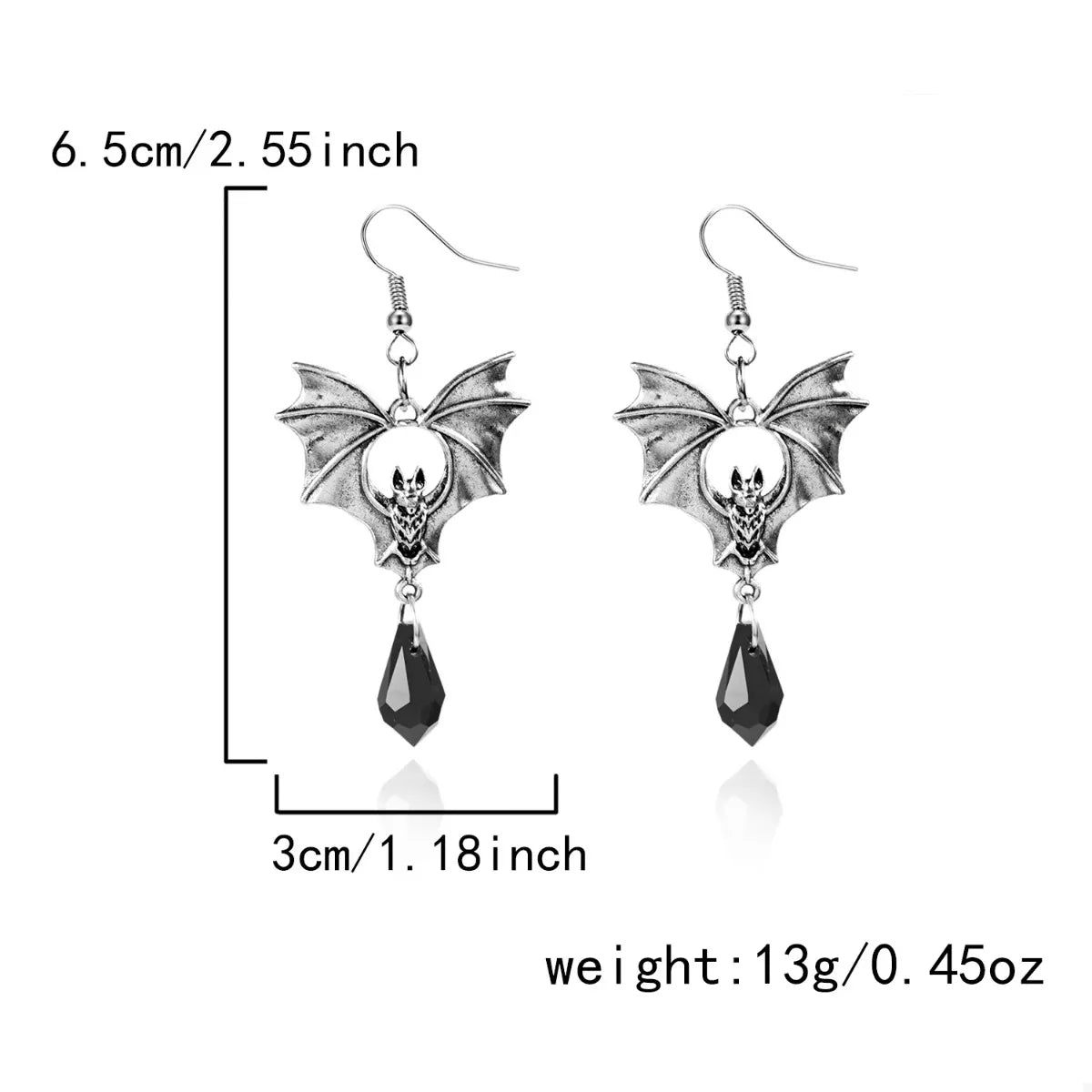 Gothic Bat Drop Earrings with black bat-shaped charms hanging from silver hooks, stylish jewelry for gothic fashion.