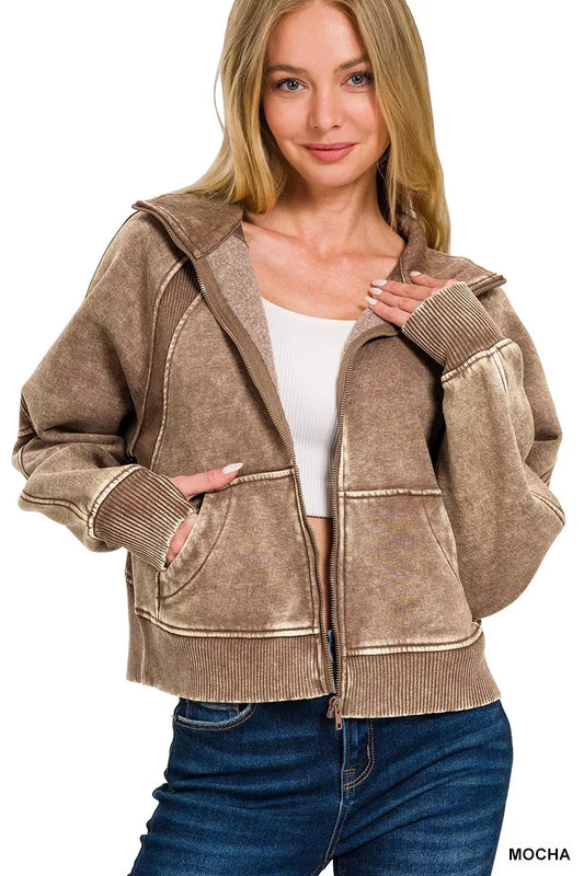 Zenana acid wash zip-up fleece jacket in soft fabric, showcasing the casual style and trendy acid wash finish.