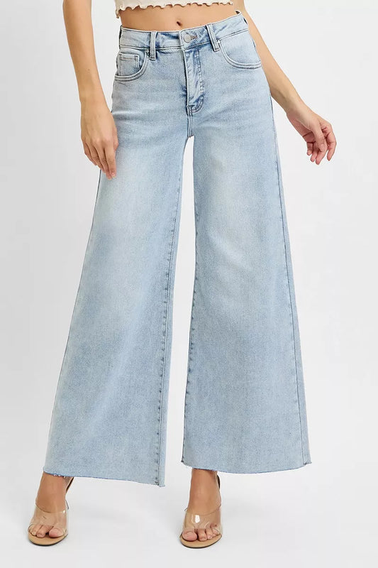 Plus size RISEN high rise ankle wide palazzo jeans by Trendsi, showcasing a full-length view of stylish, flowy denim pants.