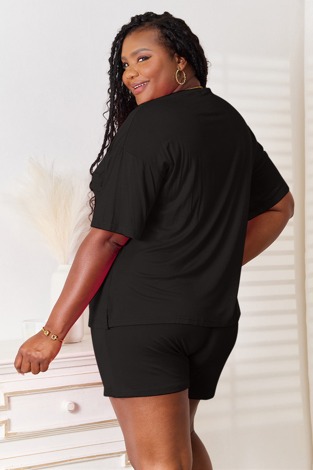 Basic Bae soft rayon half sleeve top and shorts set by Trendsi, featuring a comfortable, casual loungewear look.