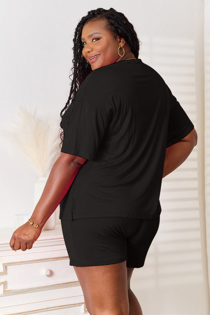Basic Bae soft rayon half sleeve top and shorts set by Trendsi, featuring a comfortable, casual loungewear look.
