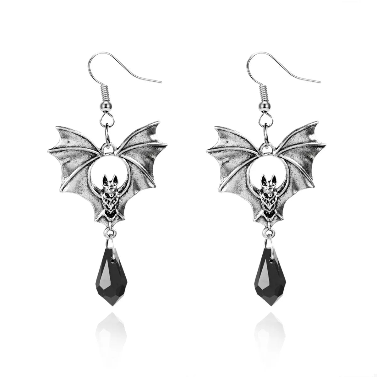 Gothic bat drop earrings by Trendsi featuring black bat-shaped charms hanging from silver hooks.