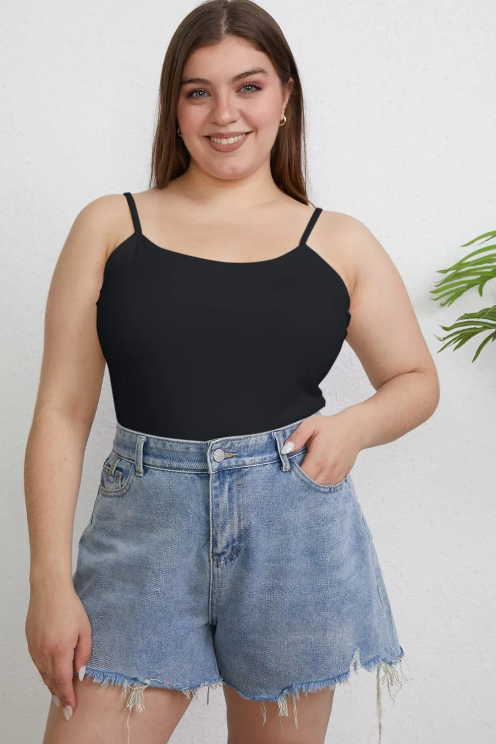 Plus size basic Bae full size round neck slim cami from Trendsi, shown in soft fabric with a close-up of the round neckline.