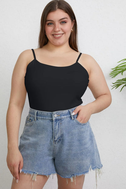 Plus size basic Bae full size round neck slim cami from Trendsi, shown in soft fabric with a close-up of the round neckline.