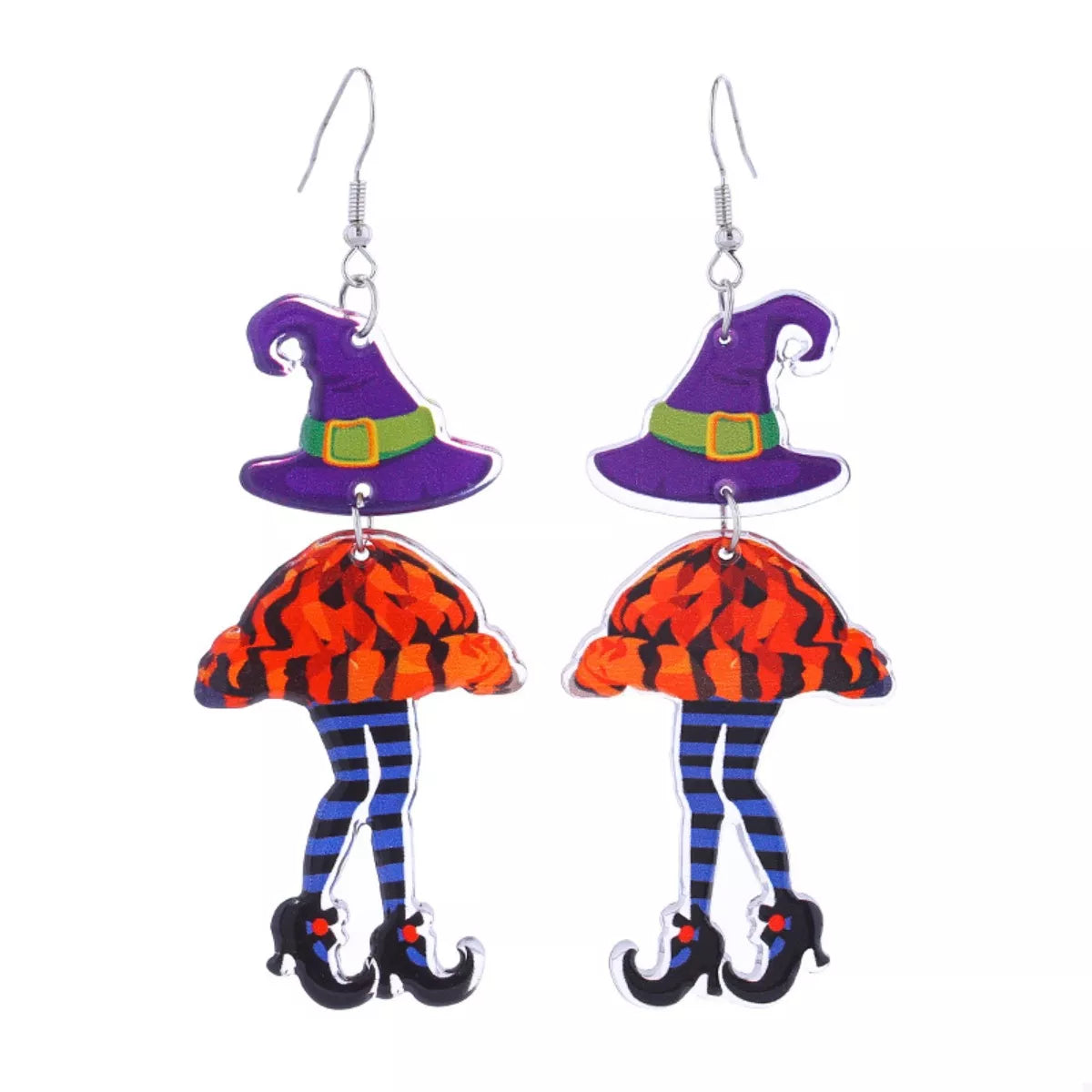 Halloween witch hat and legs dangle earrings by Trendsi featuring spooky black hat and whimsical dangling legs accessories.
