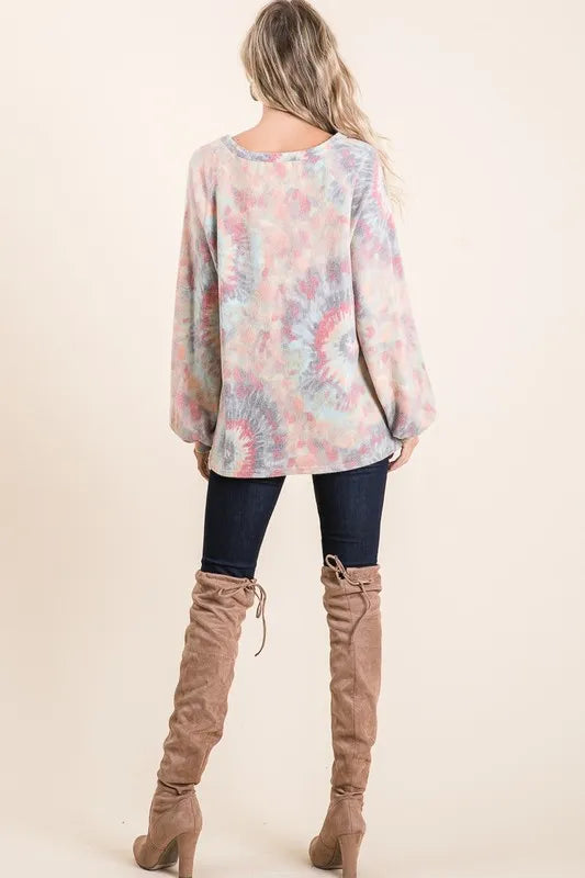 BiBi brushed tie dye print top with puff sleeves, stylish casual shirt from Trendsi, showcasing vibrant pattern and soft fabric.