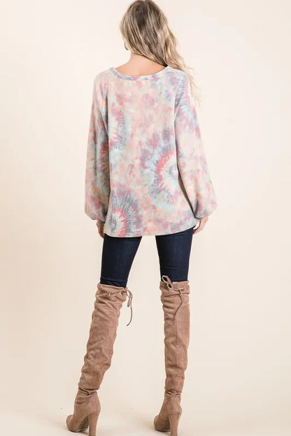 BiBi brushed tie dye print top with puff sleeves, stylish casual shirt from Trendsi, showcasing vibrant pattern and soft fabric.