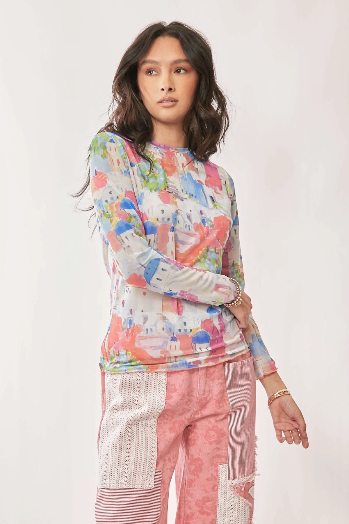 Davi & Dani multi printed mesh long sleeve round neck top with colorful patterns, designed by Trendsi.
