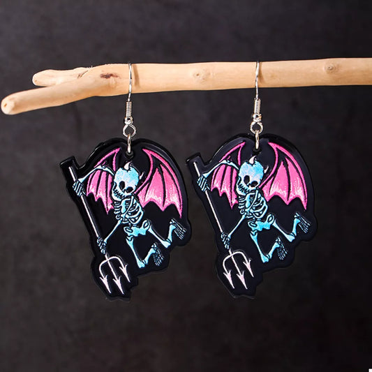 Spooky skeleton devil wing dangle earrings featuring Halloween-themed skeleton and wing charms, perfect for festive accessories.