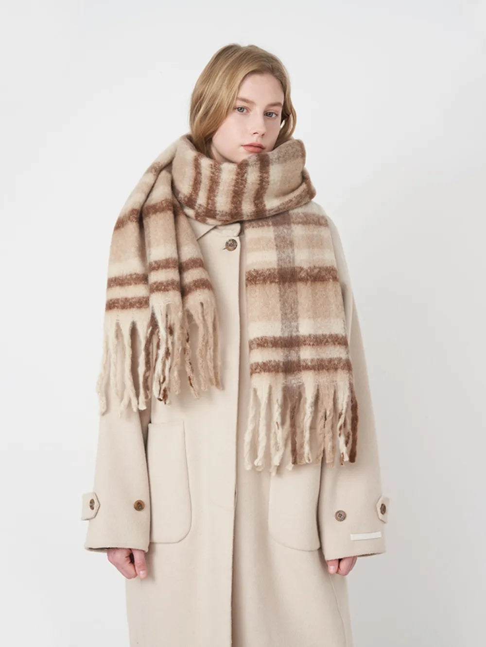 Fringe plaid polyester scarf with tassels in red, black, and white, stylish and lightweight accessory from Trendsi.