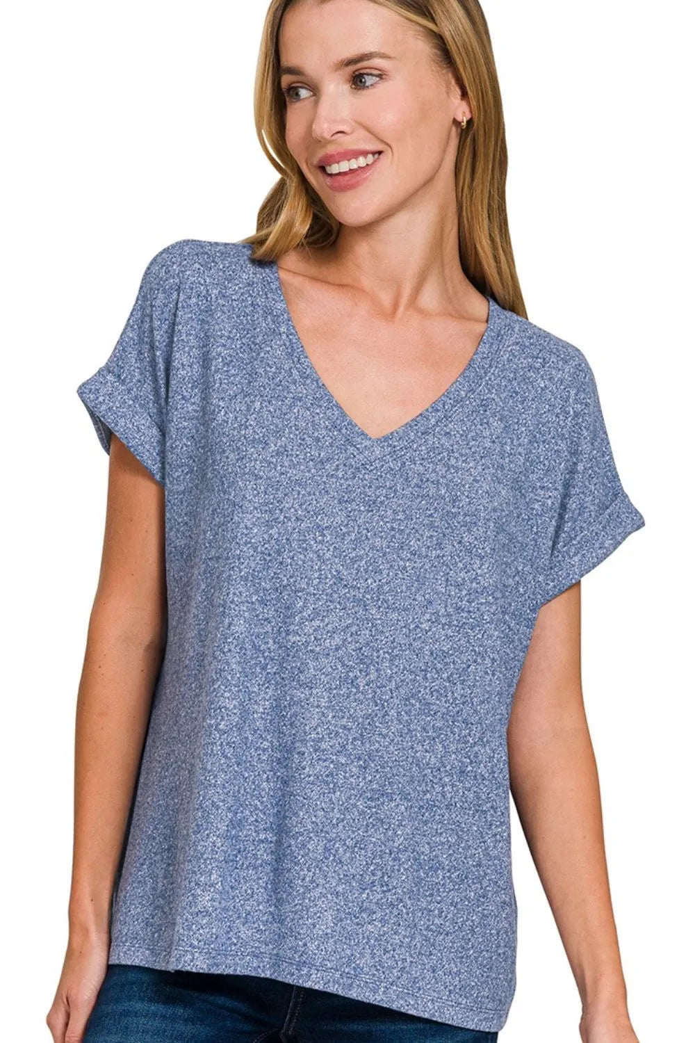Soft melange Hacci V-neck tee by Zenana, featuring a relaxed fit and comfortable fabric, displayed in a neutral color.