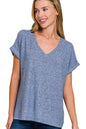Soft melange Hacci V-neck tee by Zenana, featuring a relaxed fit and comfortable fabric, displayed in a neutral color.
