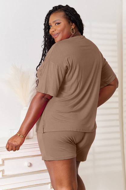 Basic Bae full size soft rayon half sleeve top and shorts set by Trendsi, shown in a comfortable, casual wear style.