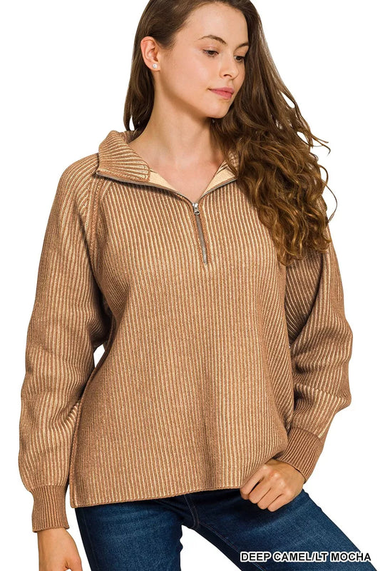 Zenana ribbed two-tone half zip sweater in neutral colors, featuring a cozy fit and stylish design.