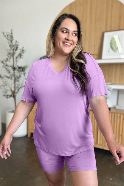 Basic Bae Bamboo full-size V-neck drop shoulder T-shirt and shorts set by Trendsi, featuring a casual, comfortable fit in natural bamboo fabric.