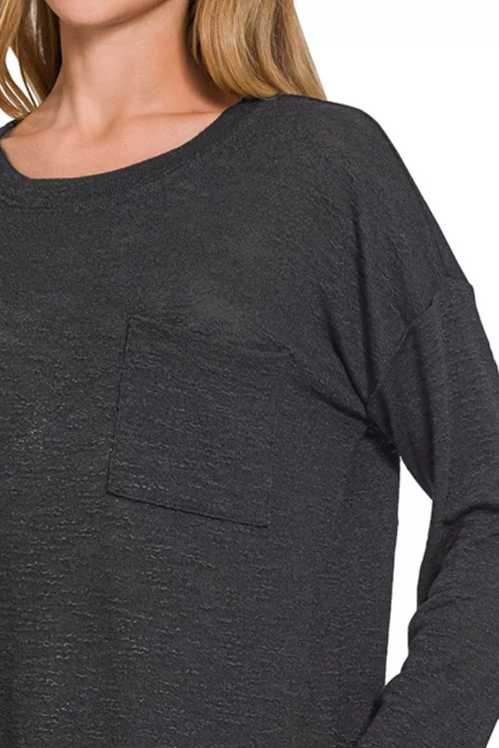 Light brown Zenana Slub Hacci long sleeve T-shirt with a relaxed fit, made from soft, textured fabric.