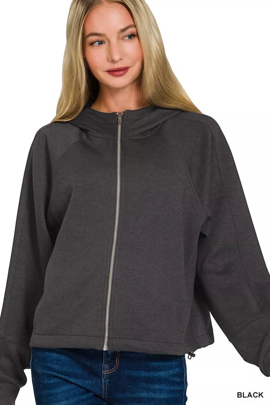 Zenana soft scuba full zip hoodie jacket in black, featuring a hood, front pockets, and a comfortable relaxed fit.