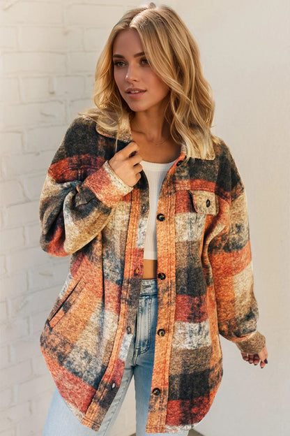 Trendsi double take button-up plaid fleece shacket with front pockets, cozy and stylish outdoor layering piece.