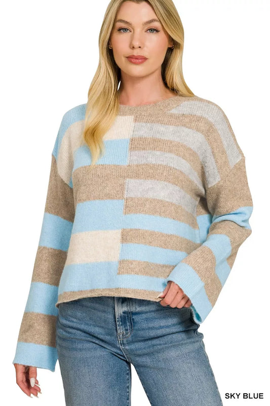 Lightweight wool blend color block sweater from Zenana, featuring a stylish multicolor design and a cozy fit.